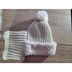 Cream Ribbed Knit Balaclava Hood with Faux Fur Trim and Pom Pom Winter Neck Warm